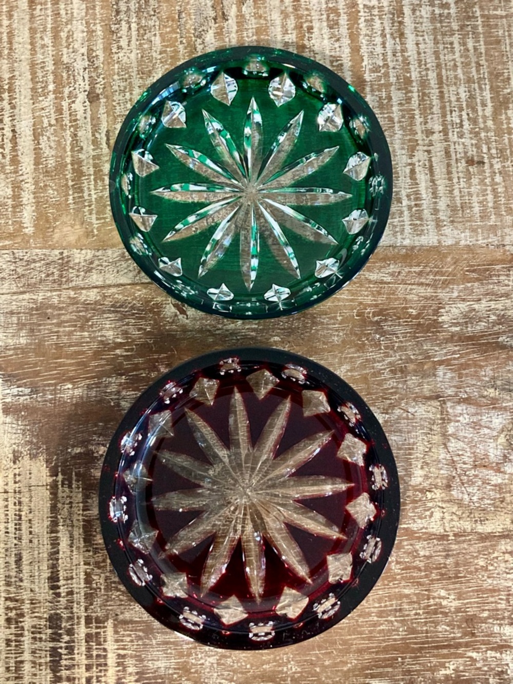 Faberge Xenia Drink Coasters Cut Crystal Red and Green with Starburst Pattern - Picture 2 of 16
